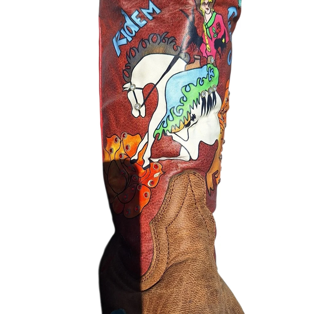 Ariat Quincy Bronco Boots Billie Red 7.5 Painted Cowgirl Western Cowboy Rare - Picture 5 of 15